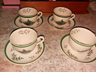 Four Vintage Spode Christmas Tree Cups And Saucers Pattern Made In England