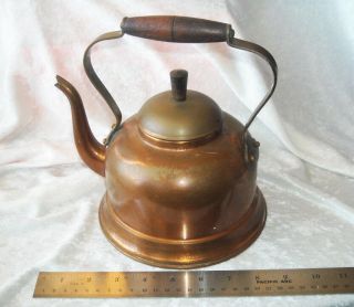 Antique Luso Copper Kettle Tea Pot With Round Lid Wooden Handle Vintage Portugal