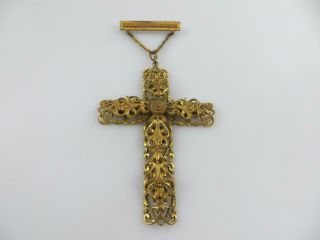 Large Antique Vintage Filigree Cross Brooch,  Pin With Cross Pendant