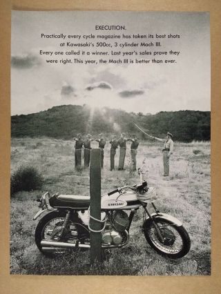 1970 Kawasaki Mach Iii 500 Motorcycle Firing Squad Photo Vintage Print Ad