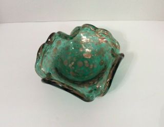 Vintage Murano Art Glass Green & Gold Foil Fleck Bowl Dish Ashtray