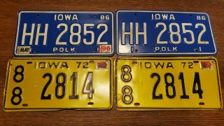 4 Iowa License Plates.  2 Matched Pairs 1972 Union & 1986 Polk Counties Yom