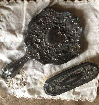 Antique Art Nouveau Silver - Plate Hand Mirror Cherubs Playing Instruments,  Brush