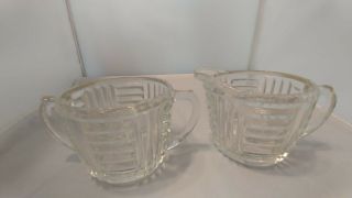Vintage Art Deco Clear Cut Ribbed Panel Glass Creamer & Sugar Bowl With Handles