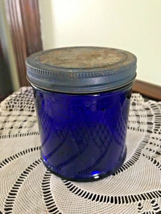 Large Vintage Cobalt Blue Glass Jar With Metal Screw On Lid Medicine