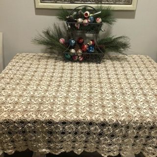 Antique Vintage Hand Crochet Cream Tablecloth Coverlet Bedspread 54 " X90 " Heavy
