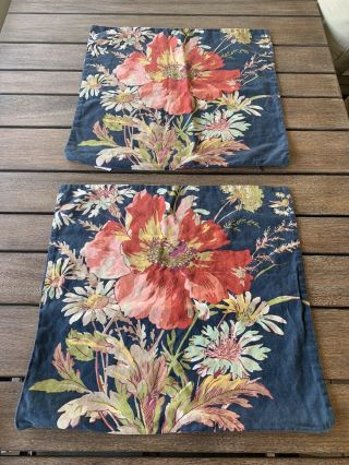 Pottery Barn 20” Square Blue Red Floral Pillow Covers Vintage Faded Look