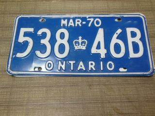 538 46b = 1970 Ontario License Plate Yom ??? White Raised Letters On Blue Base