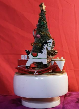 Vtg Enesco Rotating Christmas Tree Bottle Brush Music Box Wood Figures,  Rocking
