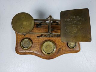 Antique English Brass & Wood Postal Scale Awesome Gift 1,  2&4 Oz Weights