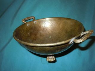 Antique Hammered Brass Round Footed Bowl Vintage Heavy Clawfeet Old Handles