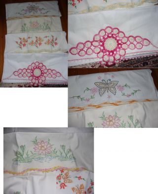 Vintage Hand Crochet & Embroidered Pillowcases.  4 Pair.  In Good