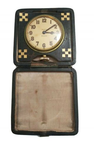 Old Antique Elgin 8 Day Wind Up Travel Clock Leather Case