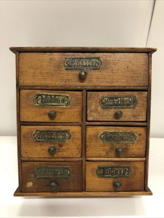 Antique German Wooden Spice Cabinet 7 Labeled Drawers Storage German Box