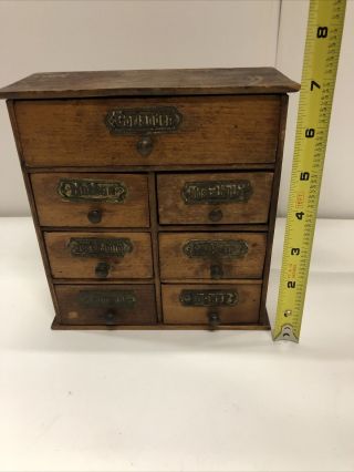ANTIQUE GERMAN WOODEN SPICE CABINET 7 LABELED DRAWERS STORAGE GERMAN BOX 2