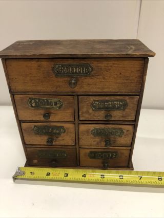 ANTIQUE GERMAN WOODEN SPICE CABINET 7 LABELED DRAWERS STORAGE GERMAN BOX 3