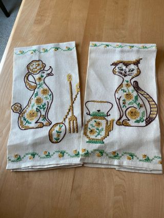 Vintage Hand Made Embroidered Cross Stitch Cat & Dog Tea Towels
