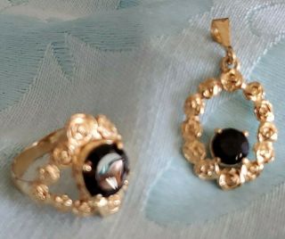 Vintage 925 With Goldwash Smokey Topaz Pendant And Ring By Lirm Israel Ring 8.  75