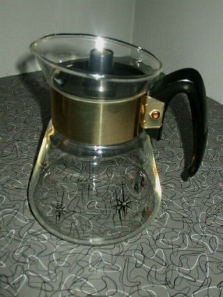 Vintage 6 Cup Corning Glass Coffee Carafe Gold Atomic Starburst Mid Century Mod