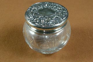 Antique Victorian Art Nouveau Repousse Sterling Silver Cut Glass Powder Jar