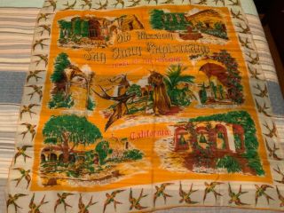 Vintage Souvenir Silk,  Rayon Scarf Old Mission,  San Juan Capistrano Orange 30”