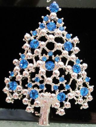 Vintage Eisenberg Ice Blue Rhinestone And Silver Tone Christmas Tree Brooch Pin