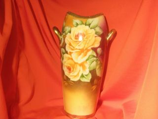 Antique Large 9.  5 " Nippon Hand Painted Floral Yellow Roses Vase Two Handles