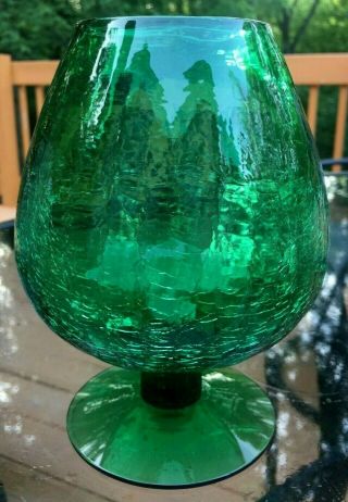 Vtg Mid Century Modern Blenko Crackle Glass Brandy Snifter Green 6 3/4 " Pontil