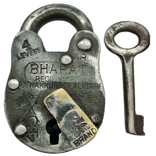 Authentic Antique Lock & Key Padlock - Ca.  1800’s India - White Metal Old Tool H