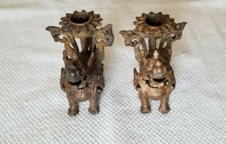 Set Of 2 Vintage Brass Metal Foo Dog Candle Holders