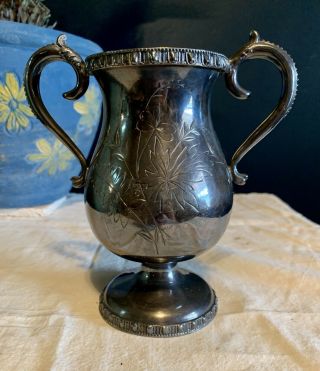 Antique Silver Plate Loving Cup Trophy Engraved Leaves Both Sides “carrie” On 1