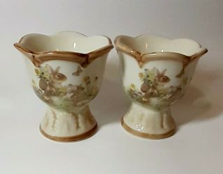 2 Vintage Ceramic Bunny/ Rabbit/ Egg Cups Flowers,  Easter