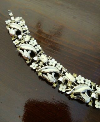 Vintage Crown Trifari Silvertone Rhinestone White Enamel Tulip Flower Bracelet