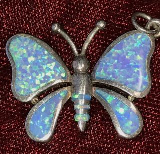 Vintage Sterling Silver Opal Butterfly Pendant Charm Blue Green Beauty L1