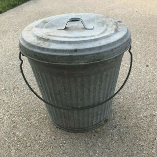 Small Vintage Galvanized Wire Bail Garbage Trash Can With Lid 12 " X 13 "