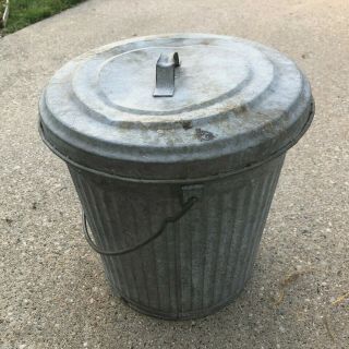 SMALL Vintage Galvanized Wire Bail Garbage Trash Can With Lid 12 