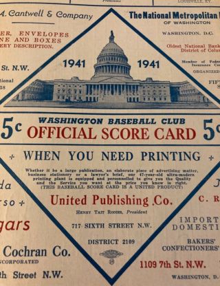 Vintage 1941 Washington Senators Vs.  York Yankees Scorecard - Joe Dimaggio