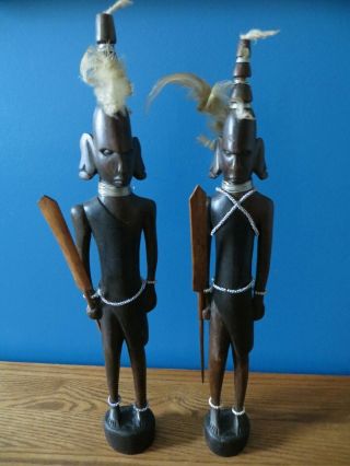 2 Vintage Carved Ebony Wood Sculpture African Tribal Art Warrior Tall Figures