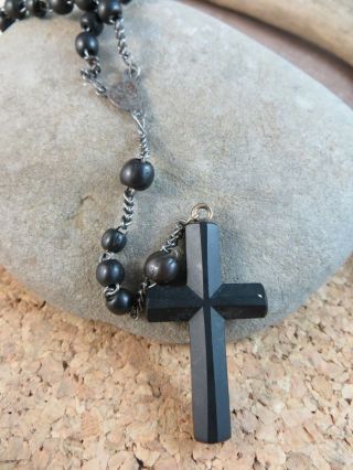 Antique Vintage Black Plastic Rosary Prayer Beads Plain Cross 287