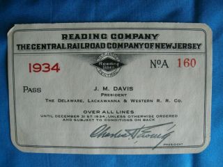 1934 Reading Company The Central Railroad Co Of Jersey Railroad Pass