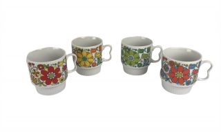 Set Of 4 Vintage Vtg Stackable Flower Power Coffee Mugs Cups Japan Mcm Mod Retro