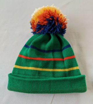 Vintage 80s Obermeyer Ski Hat Green Color With Stripes Knit Cap Wool Beanie