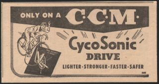 1954 Canadian Cycle & Motor Ccm Print Ad Bicycle Bike Cycosonic Drive