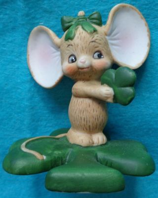 Vintage Lefton Mouse With Shamrock Bisque Figurine Marked Bisque