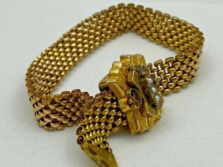 Antique Victorian Etruscan Revival Gold Filled Mesh Pearls Slide Bracelet C.  1880