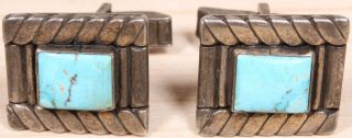 Great Vintage Sterling Silver And Turquoise Cuff Links 077a