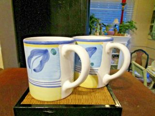 2 Vintage Caleca Italy Hand Painted Ceramic Cups Mugs Blue Yellow