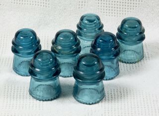 Seven Antique Hemingray No.  16 Cd - 122 Aqua Blue Glass Insulators -