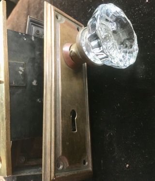 Antique Glass & Brass Doorknob Brass Back Plate & Brass Mortise Lock Ensemble