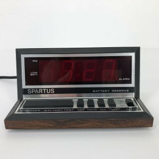 Vintage Spartus Alarm Clock Wood Grain Look Electric Red Digital Display 1140